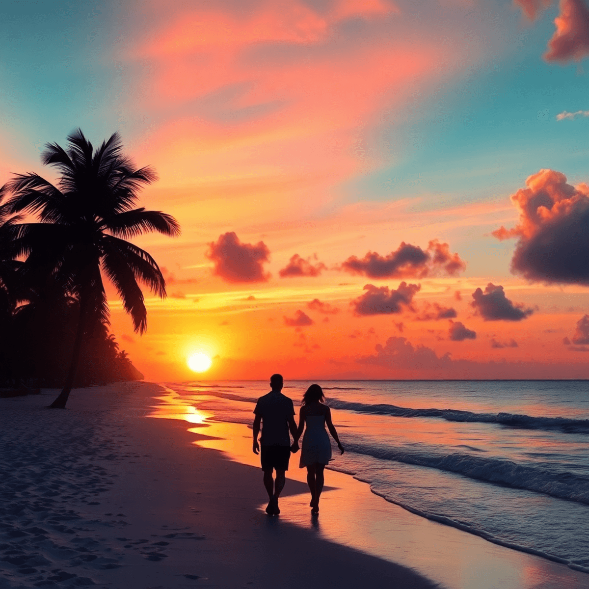A vibrant sunset over a Florida beach, with silhouetted palm trees and a couple walking hand-in-hand along the shore, embodying romance and warmth.