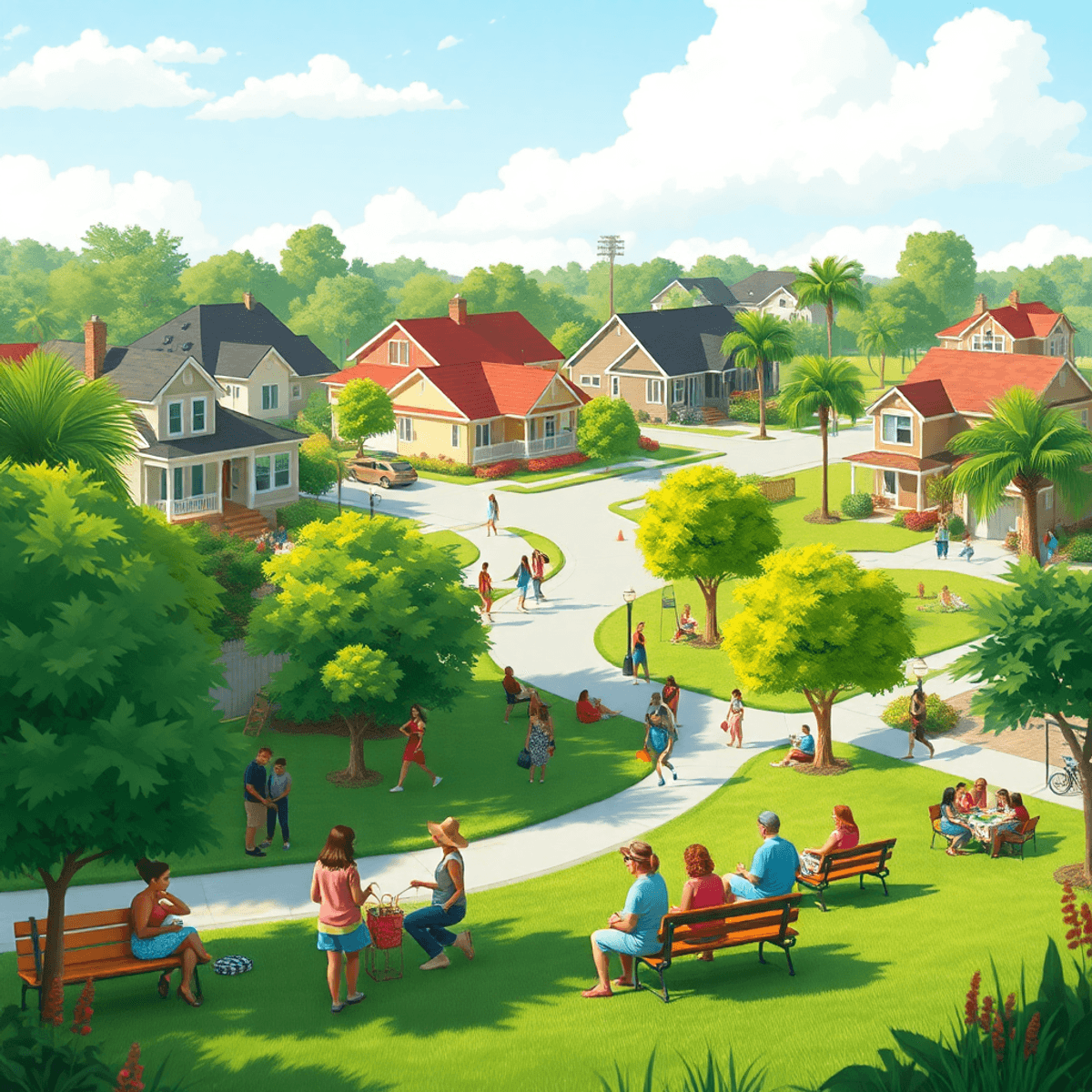 A sunny suburban neighborhood in Limestone Creek, Florida, with charming homes, lush parks, and groups of people enjoying picnics and outdoor activ...