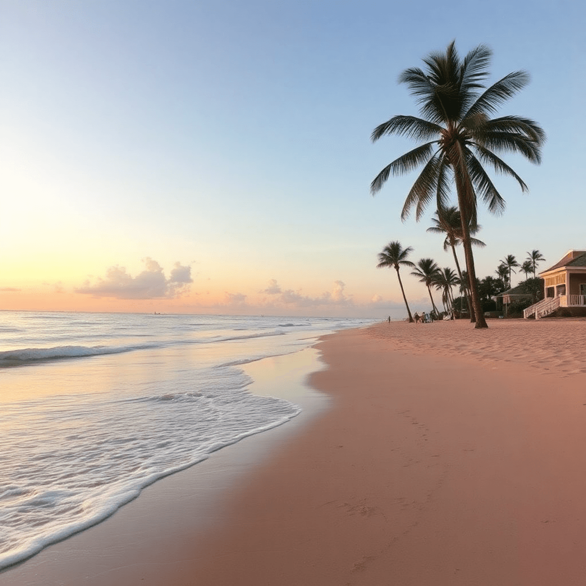 A tranquil beach at sunset with soft colors in the sky, gentle waves, palm trees, and sandy shores, creating a romantic and cozy atmosphere for cou...