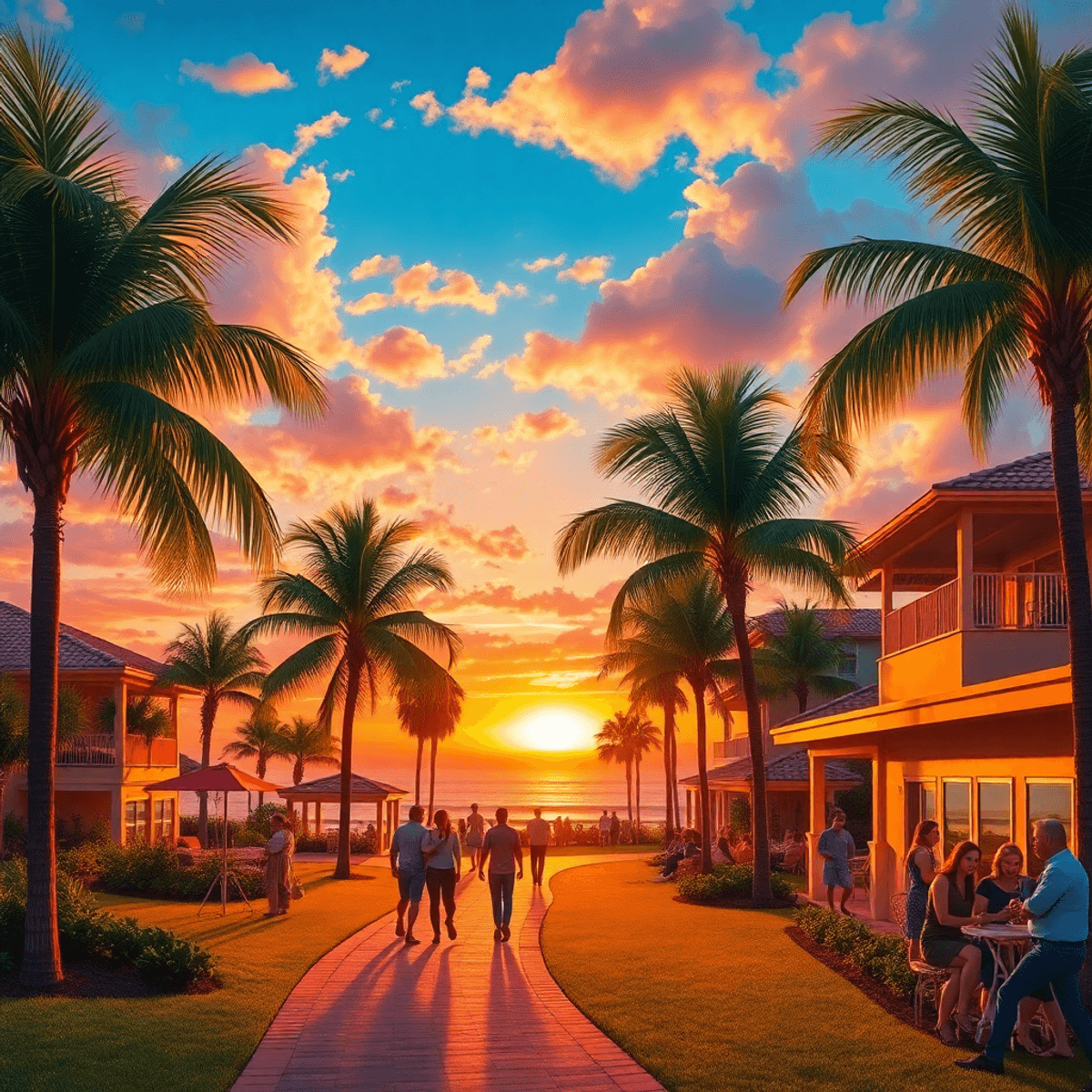 A colorful sunset over a coastal walking trail lined with palm trees, showcasing couples and groups socializing in a lively, inviting atmosphere.