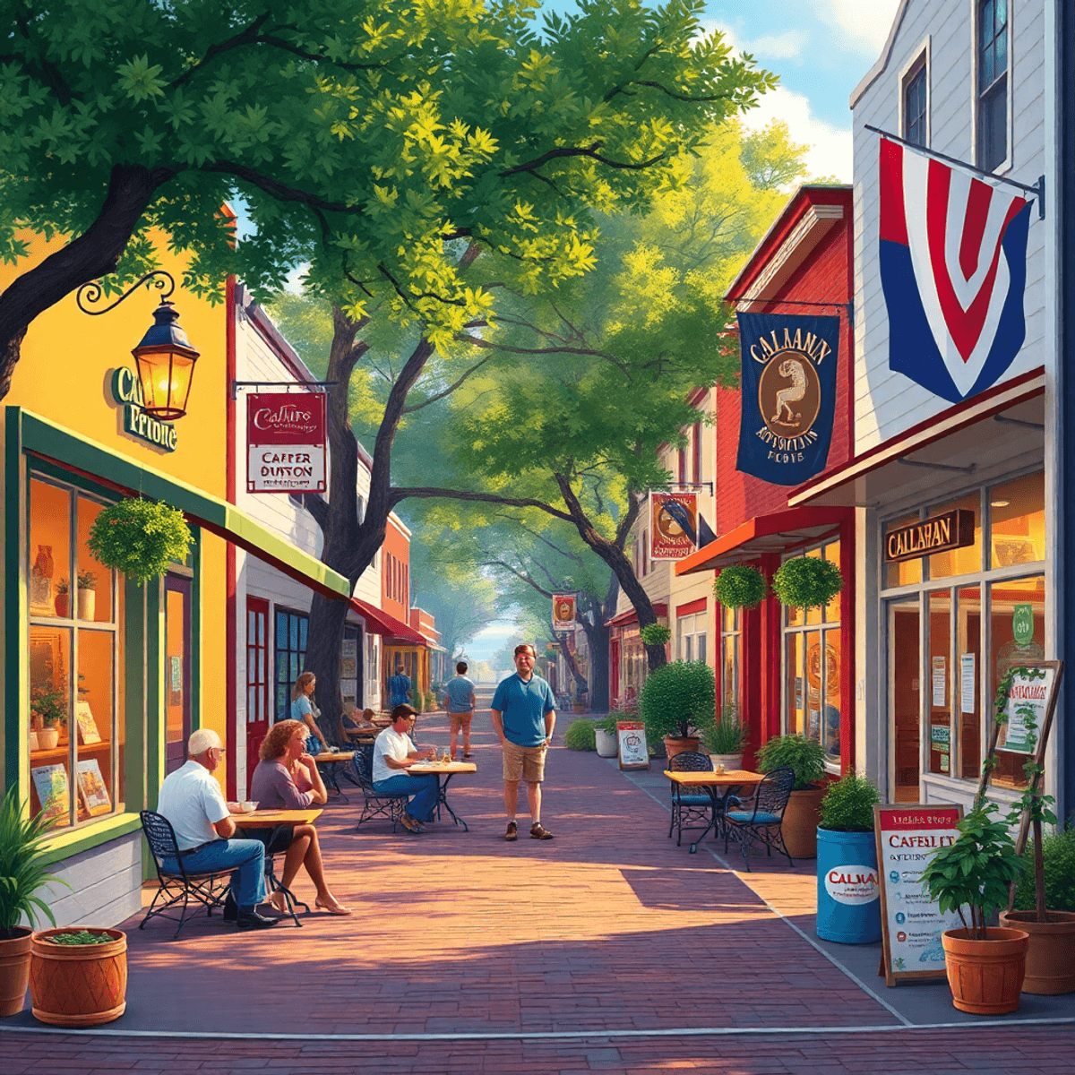A warm and inviting small-town street in Callahan, Florida, with quaint shops, a cozy café, and locals engaging in conversation amidst hints of com...