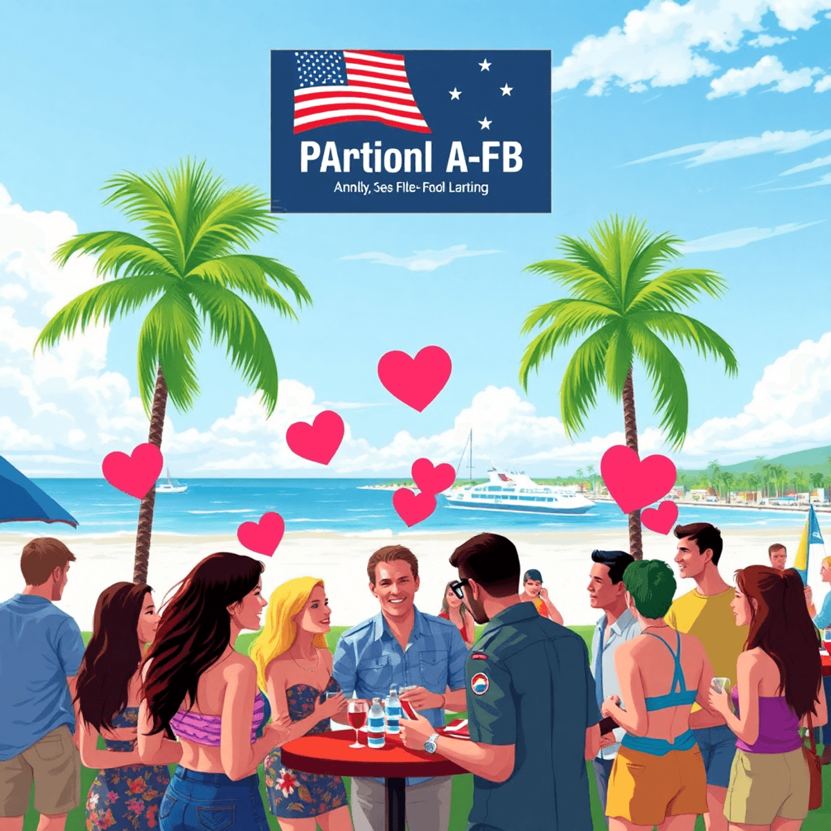 A lively outdoor gathering with singles socializing near palm trees and the Florida coastline, featuring heart shapes and hints of romance, capturi...