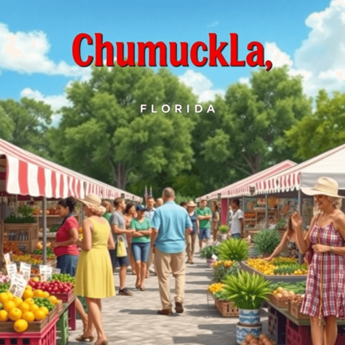 A lively farmer's market in Chumuckla, Florida, with colorful stalls of fresh produce and crafts, cheerful people chatting, surrounded by trees and...