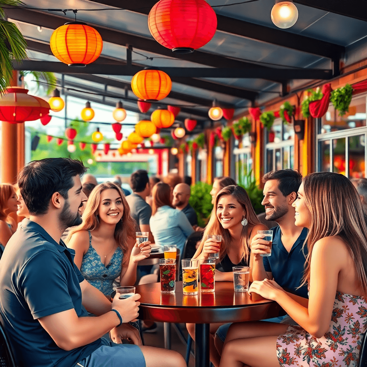 A lively outdoor café scene in DeLand, Florida, filled with young adults chatting, laughing, and enjoying drinks amidst colorful decorations and gr...