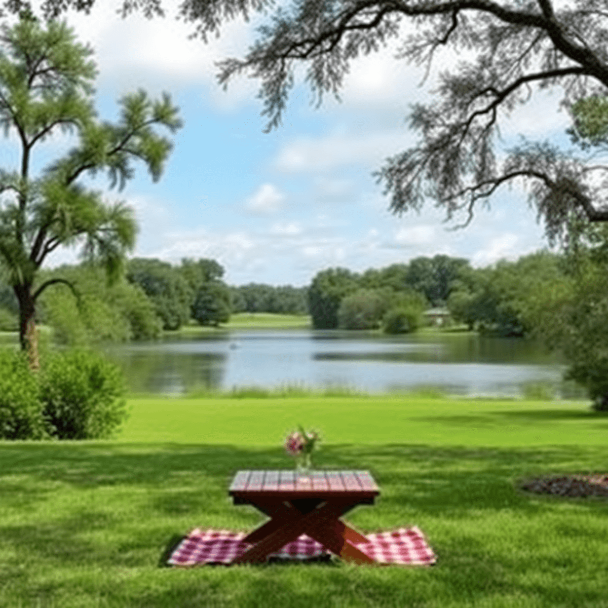A serene park in Fort Braden, Florida, featuring a tranquil lake, lush greenery, and a cozy picnic setup for two in the foreground, evoking romance...