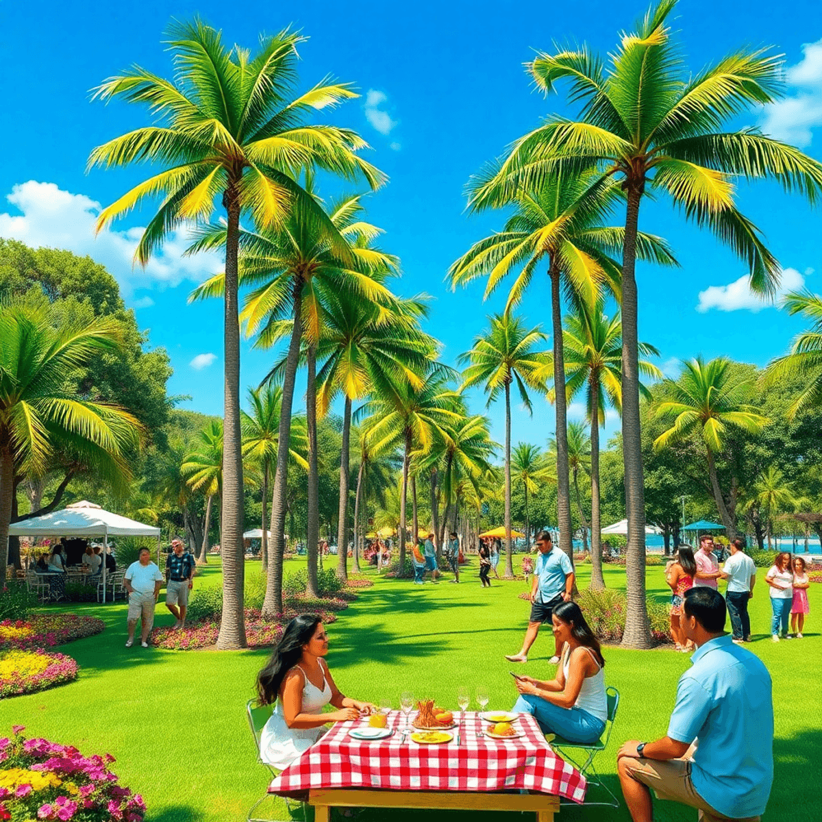 A sunny park scene in Paradise Heights, Florida, featuring palm trees, a picnic setup, colorful flowers, and people enjoying outdoor activities and...