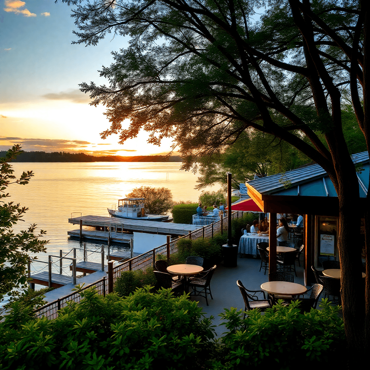 A cozy lakeside café at sunset in Buckhead Ridge, Florida, surrounded by lush greenery, inviting outdoor seating, and a warm atmosphere reflecting ...