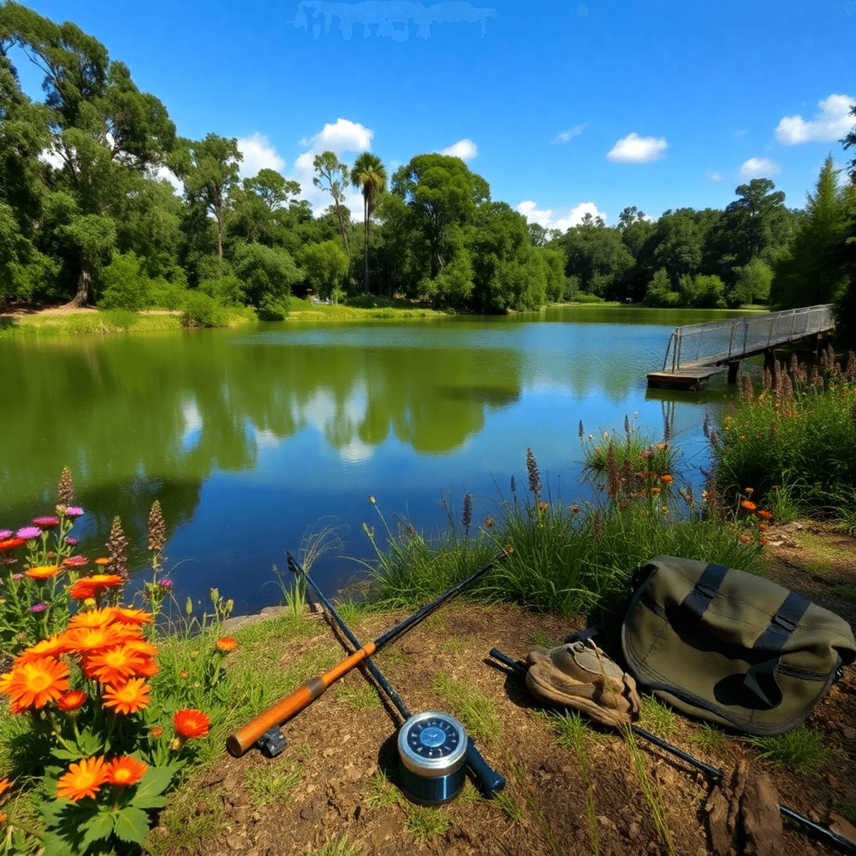 A serene lake surrounded by lush greenery and vibrant wildflowers, with hiking trails and fishing gear nearby, embodying a tranquil outdoor dating ...