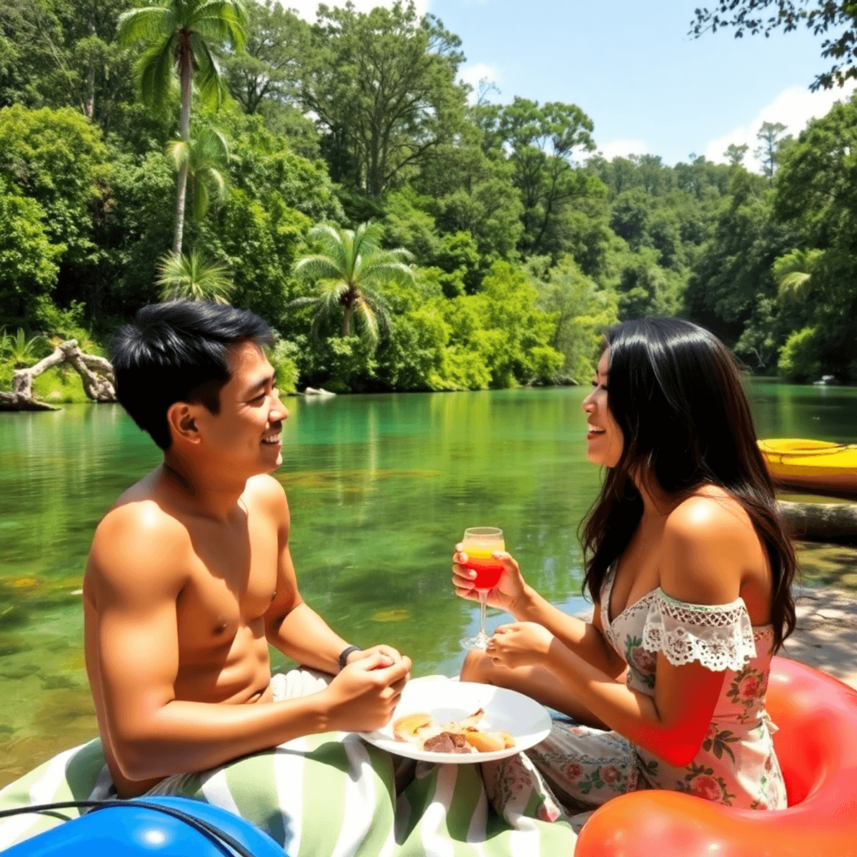 A couple enjoys a romantic picnic by a clear river in Ichetucknee Springs State Park, surrounded by lush greenery and vibrant nature, with a kayak ...