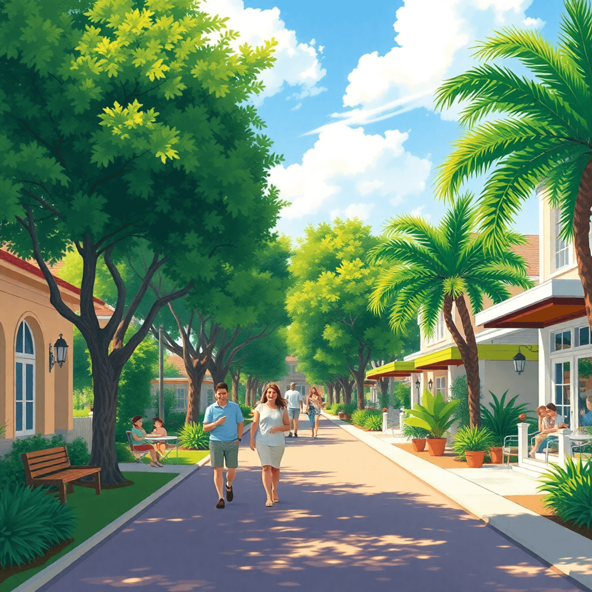 A sunny street scene in Palmona Park, showcasing lush greenery and charming homes, with a couple walking and friends chatting at a café, exuding wa...