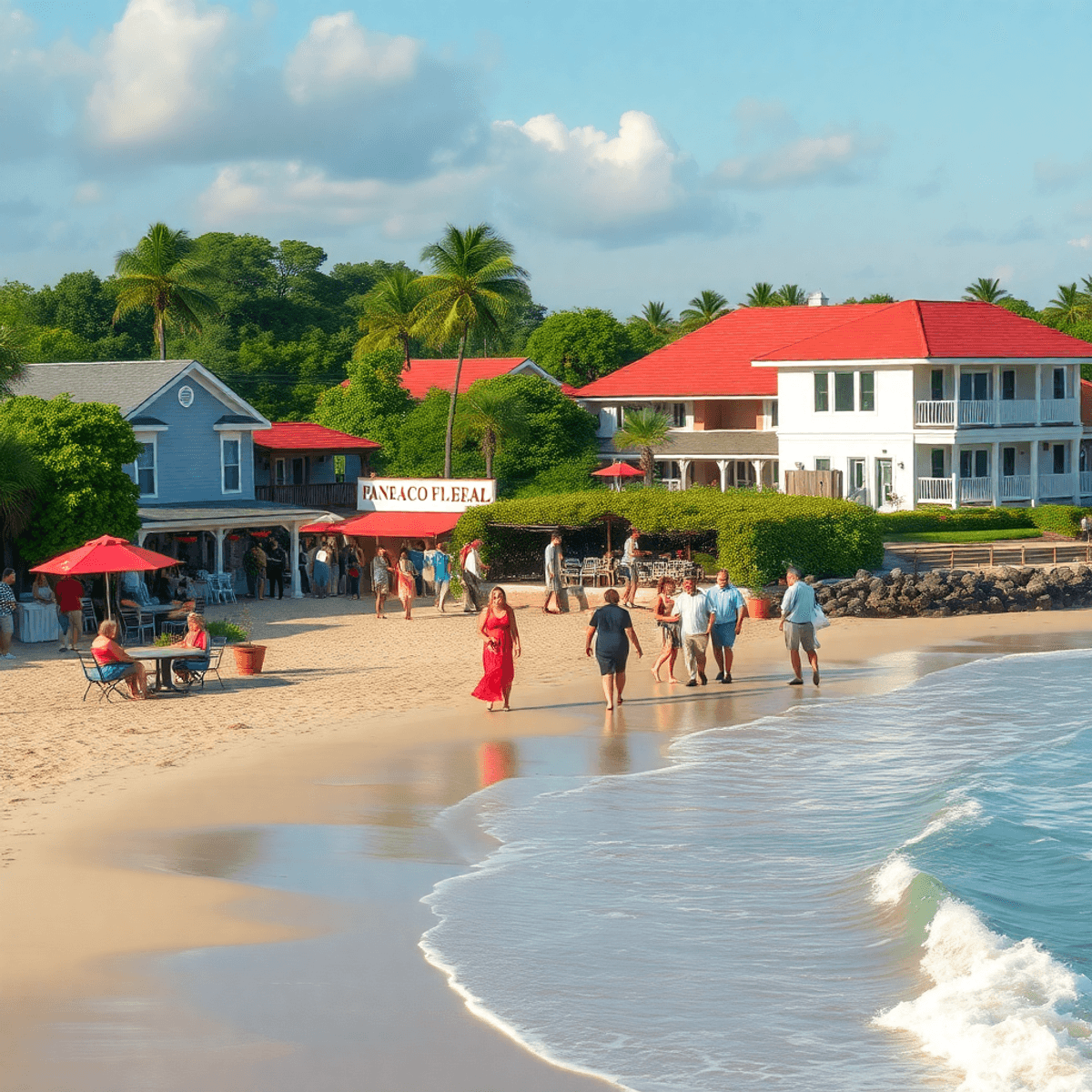 A serene beach in Panacea, Florida, with gentle waves, vibrant community events, and lush greenery, showcasing warm interactions among people in a ...