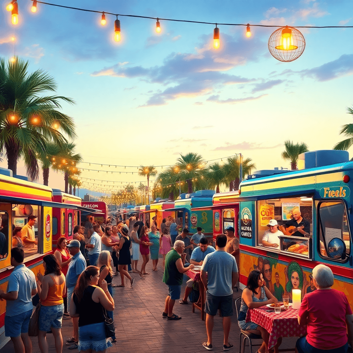 A lively food truck night in Avalon, Florida, featuring colorful trucks, people enjoying casual dining, festive decorations, and warm evening lights.