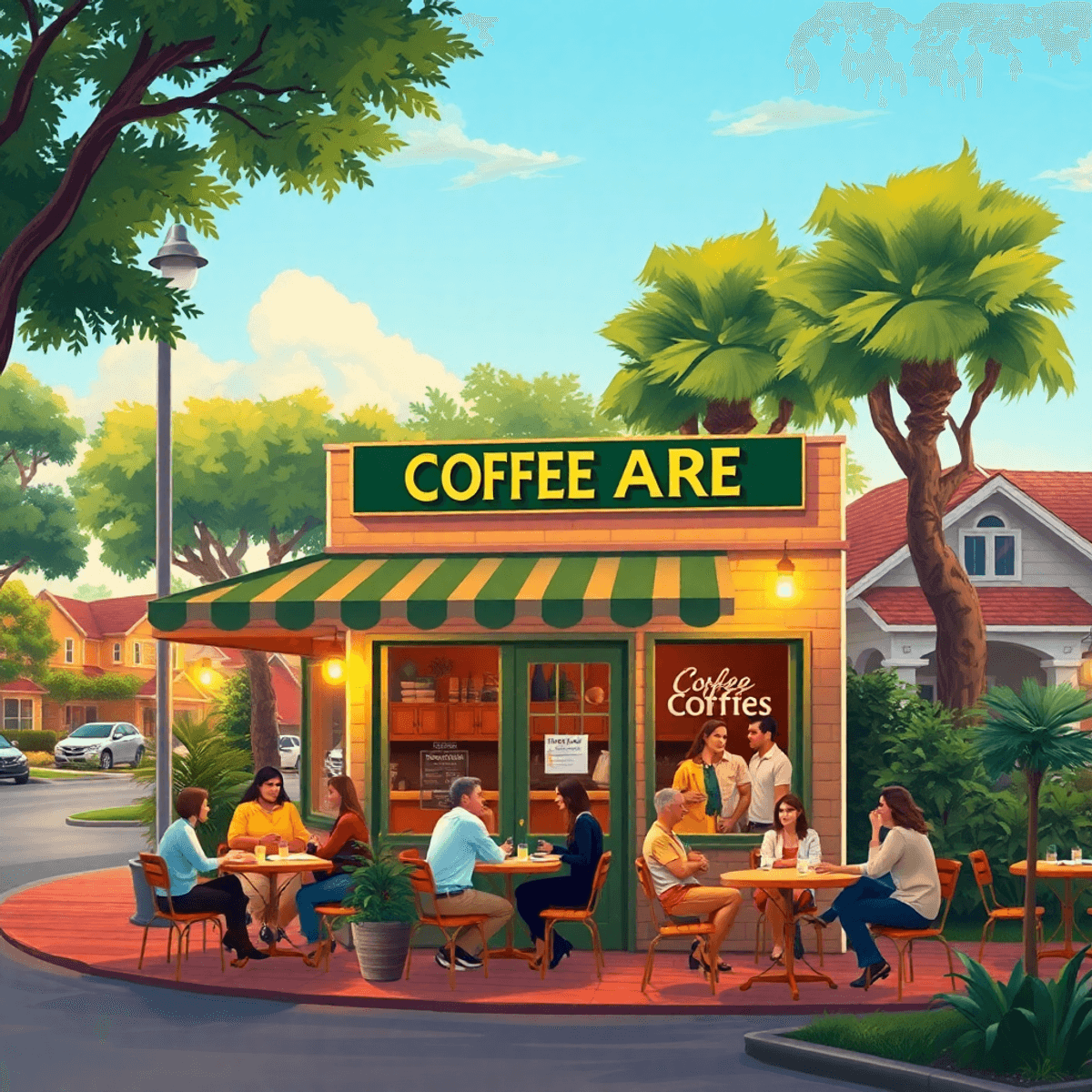 A cozy coffee house with outdoor tables, people socializing, tree-lined streets, and charming homes in the background, creating a warm community at...