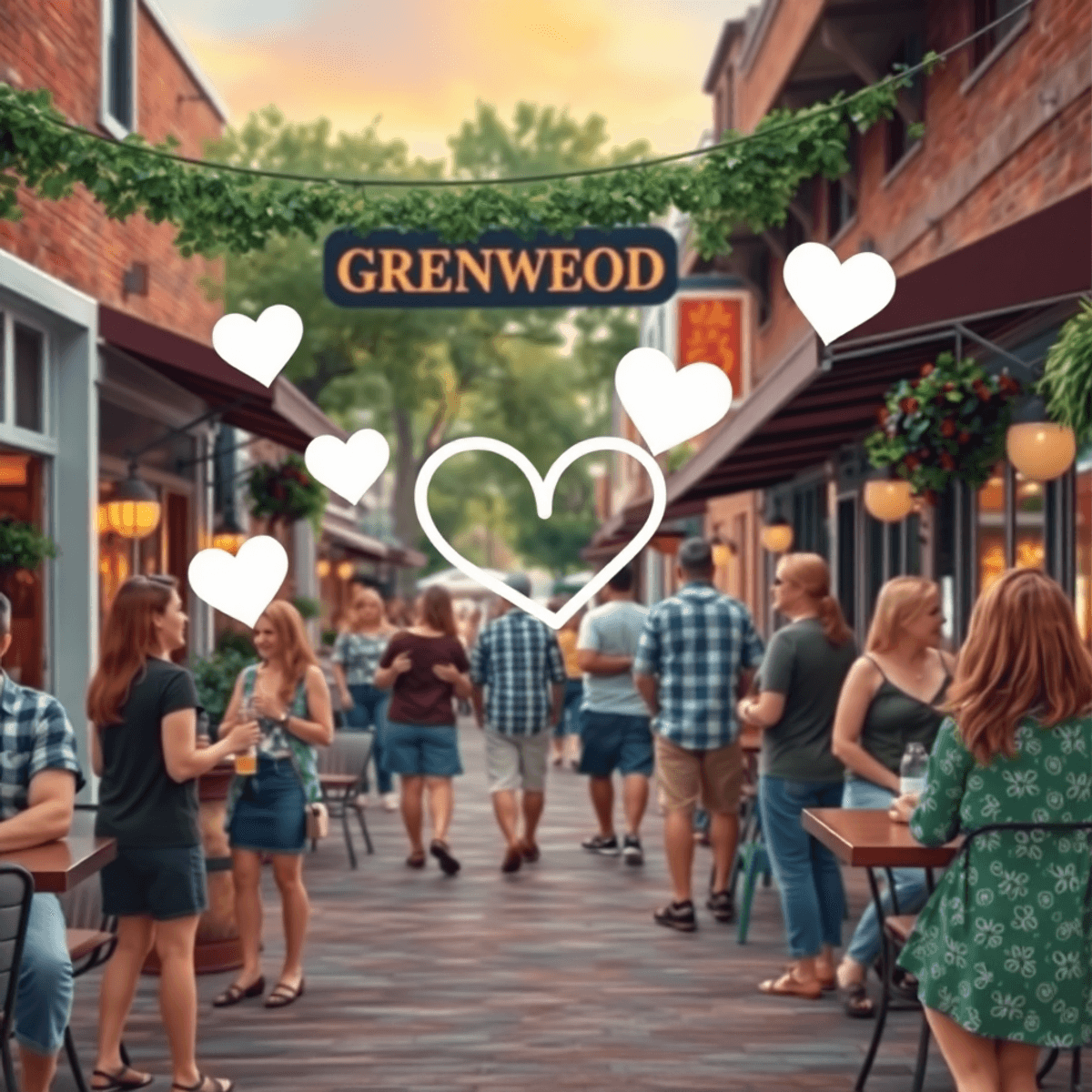 A lively street scene in Greenwood, Florida, featuring local singles at community events, with heart icons and cozy cafes creating a warm, inviting...