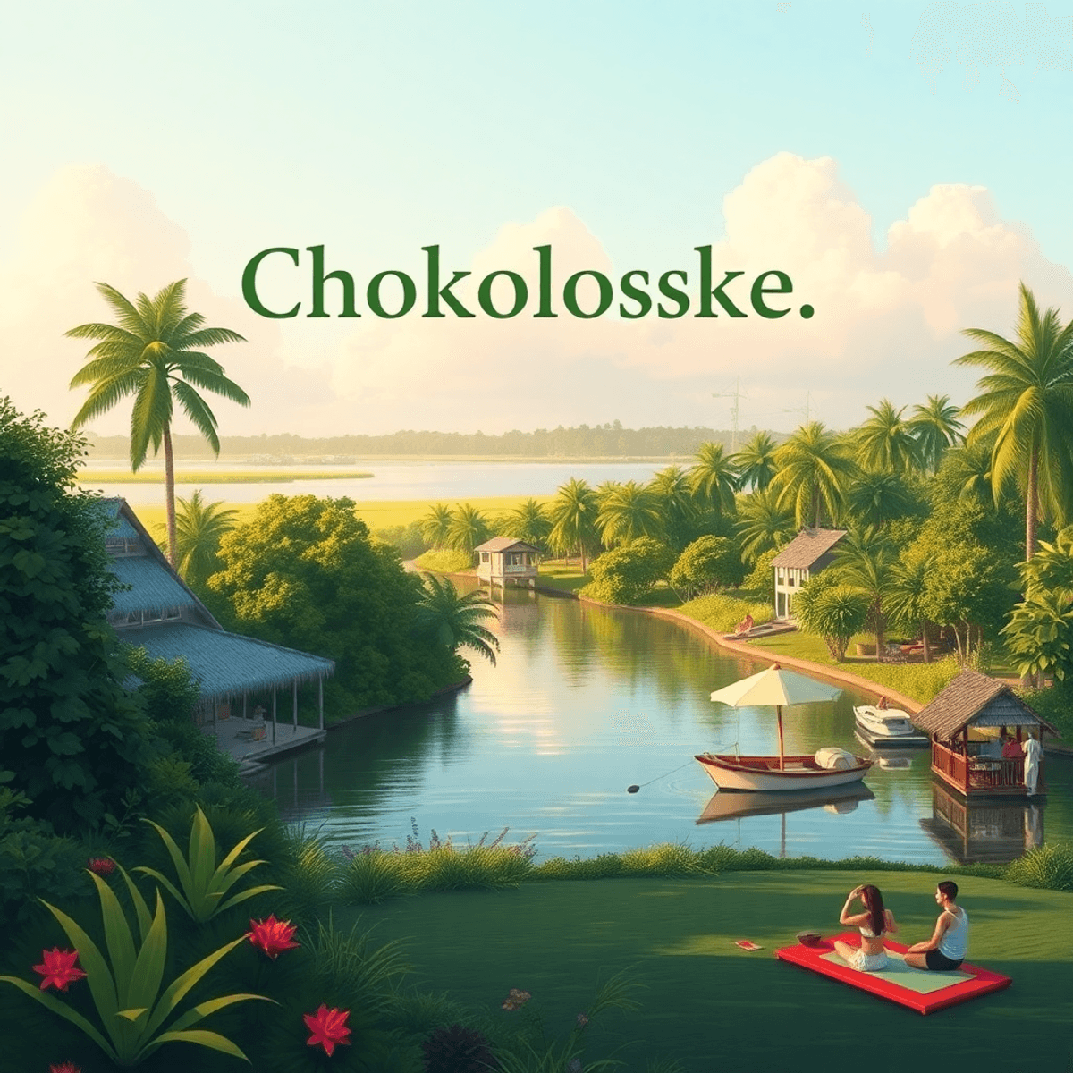 A scenic view of Chokoloskee, Florida, featuring lush greenery and calm waters, with people practicing yoga and enjoying group activities in a warm...