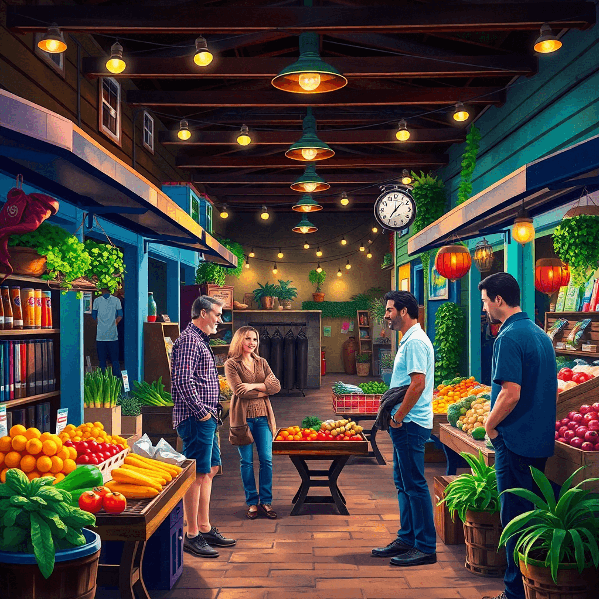 A vibrant small-town market in Masaryktown, Florida, showcasing couples enjoying fresh produce and local crafts, radiating warmth and community con...