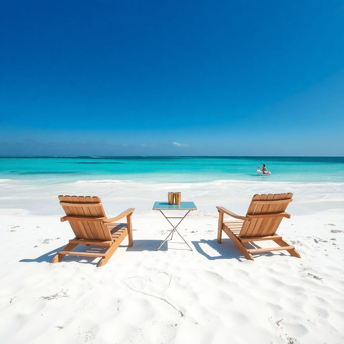 A romantic beach scene at Mexico Beach, Florida, featuring clear waters, white sand, two chairs with a small table, a heart in the sand, and gentle...