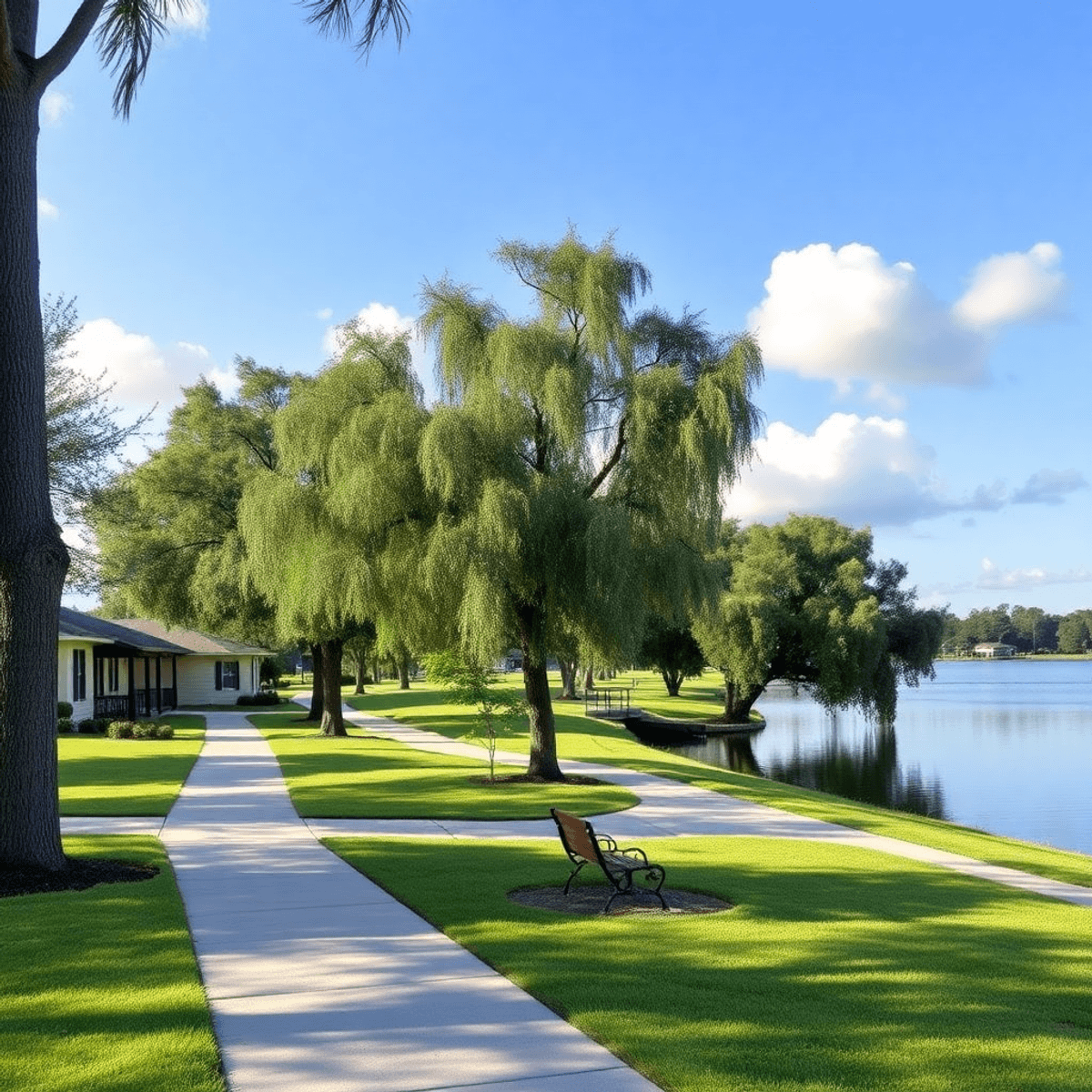A tranquil lakeside view in Indian Lake Estates, with tree-lined streets, a cozy park bench, and a walking path, creating a warm and inviting commu...