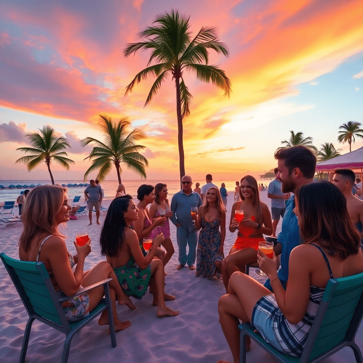A lively beach scene in Royal Palm Estates, featuring people enjoying cocktails, chatting, palm trees, beach chairs, and a warm sunset backdrop.