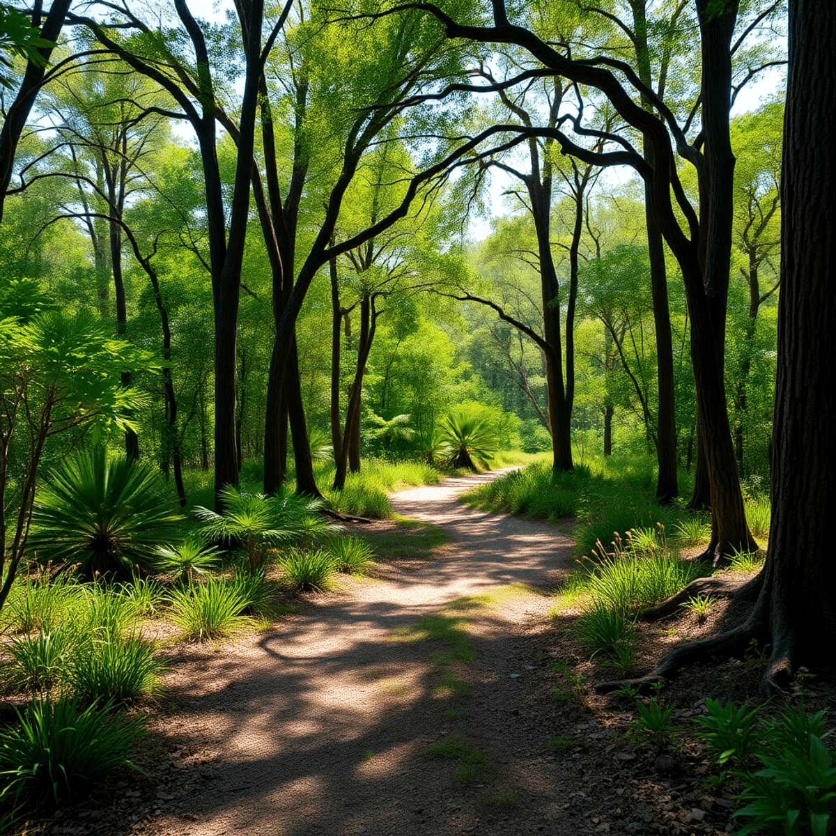 A serene hiking trail in Zolfo Springs, Florida, surrounded by lush greenery, cypress trees, and wildlife, creating a peaceful atmosphere in nature.