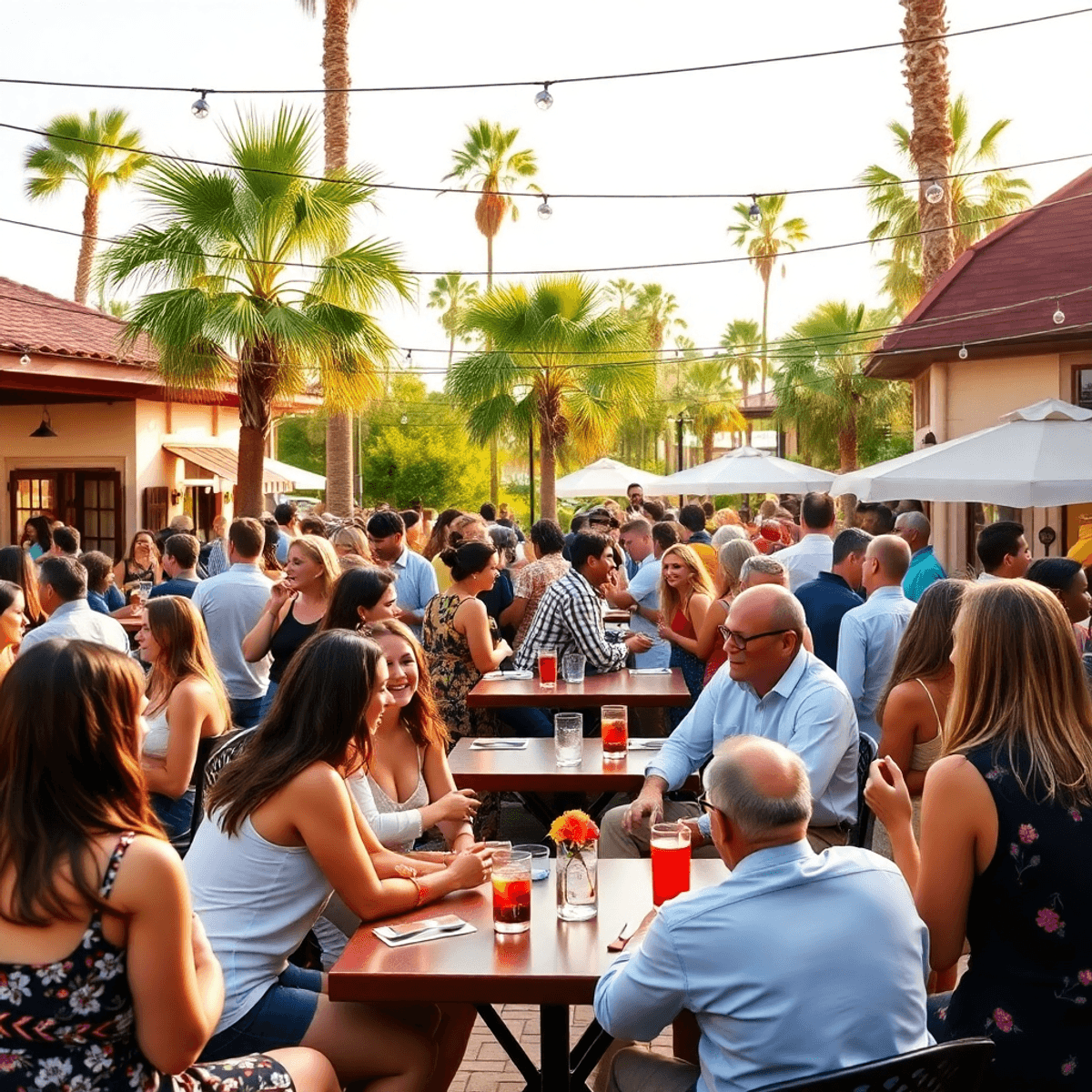 A lively outdoor speed dating event in Taft, Florida, with singles mingling under palm trees, enjoying drinks and casual seating in a warm, sunny a...