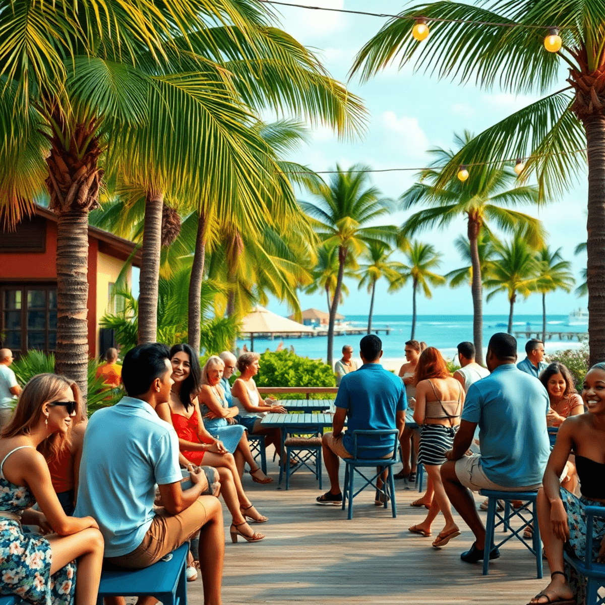 A lively outdoor social event in a coastal setting with palm trees, casual seating, and singles engaging in conversation, reflecting a vibrant comm...