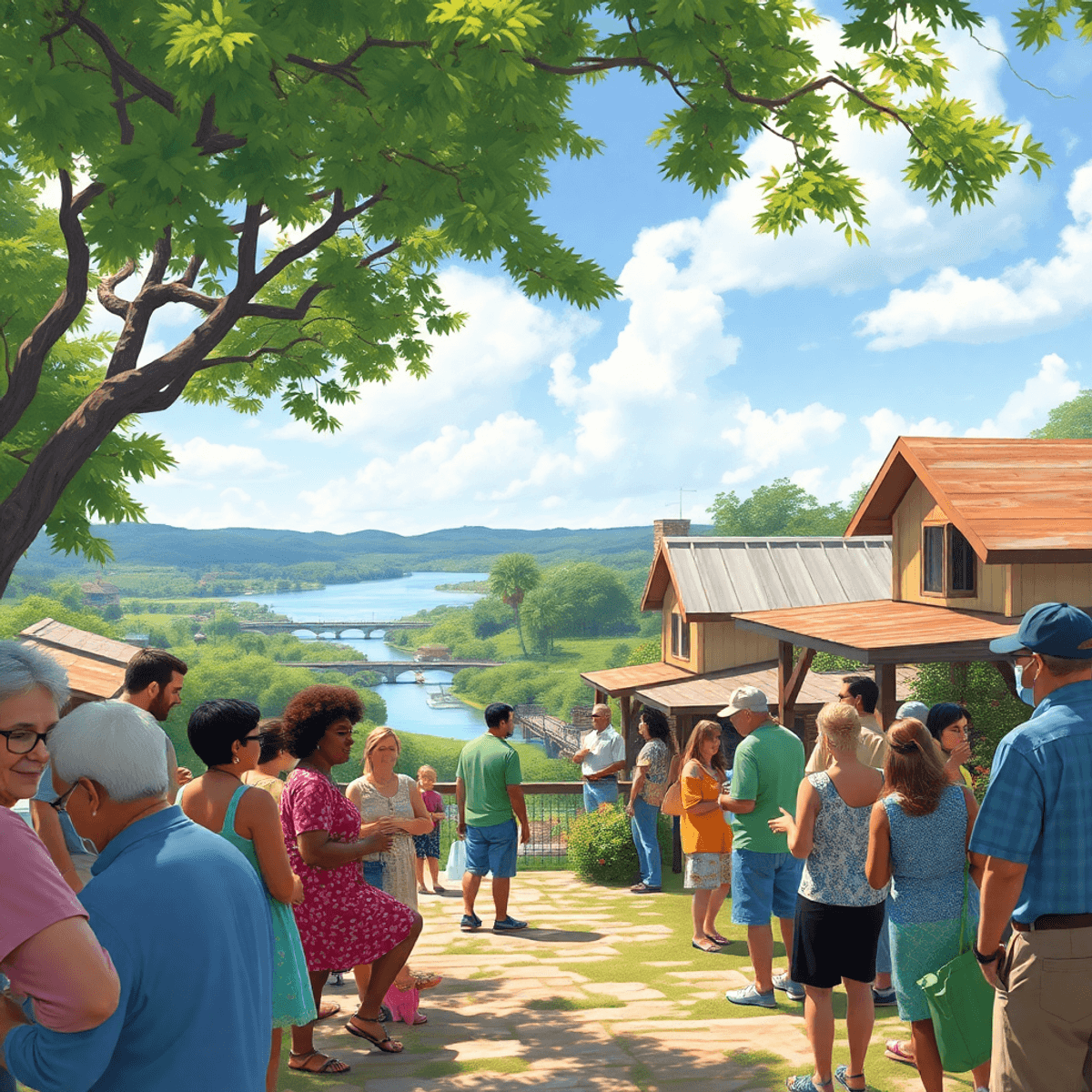 A lively outdoor community event in a small town, with people engaging in conversations against a backdrop of lush greenery and scenic waterways, c...