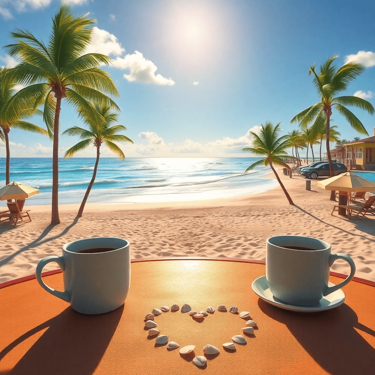 A picturesque beach in Wabasso, Florida, featuring soft waves, palm trees, and two coffee cups on a table, with seashells arranged in a heart shape...