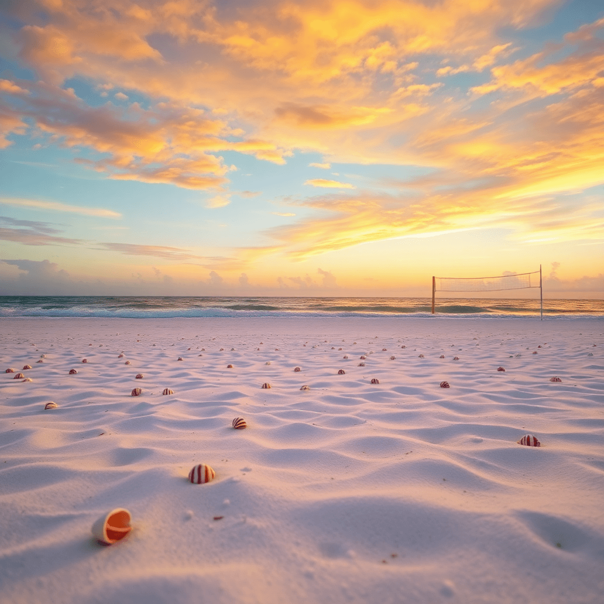 A stunning sunset over a pristine beach, with soft white sand, scattered seashells, beach volleyball equipment in the background, and a vibrant, co...