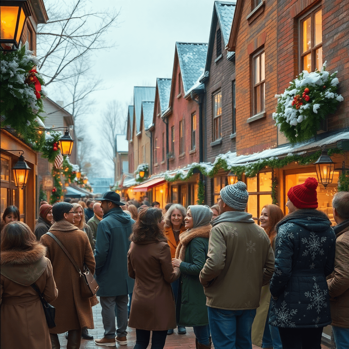 A cozy winter scene in a small town, featuring festive decorations and lights. Singles mingle at a holiday-themed event, surrounded by quaint build...