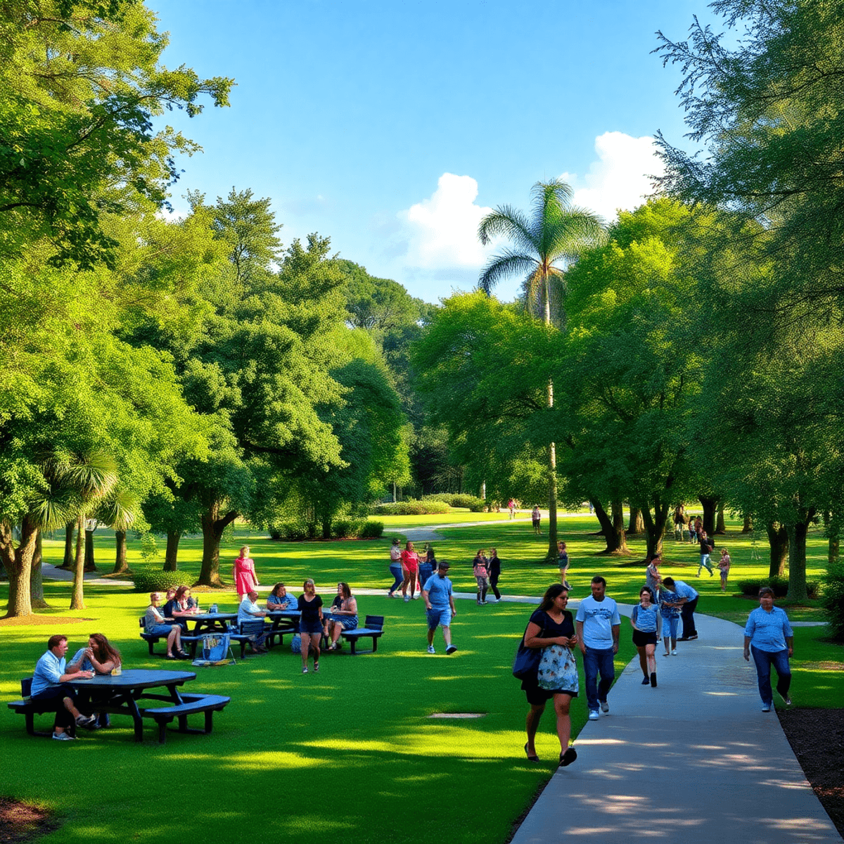 A scenic park in Washington Park, Florida, showcasing lush greenery, picnic areas with families and singles, and walking trails filled with people ...