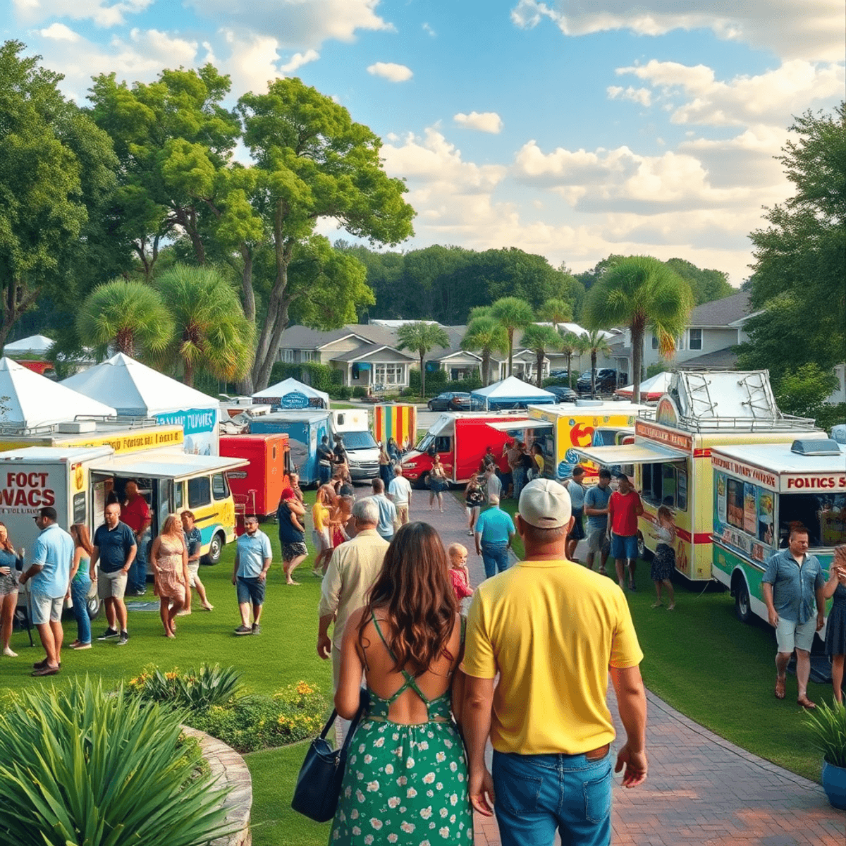 A vibrant outdoor scene in Montverde, Florida, featuring couples at a music festival and food truck rally surrounded by lush greenery and a lively ...