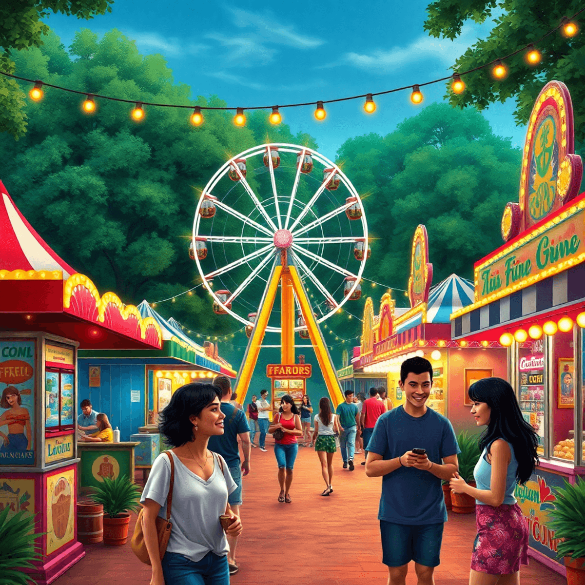A lively small-town fair in Paxton, Florida, with colorful booths, a Ferris wheel, and people enjoying activities amidst lush greenery, creating a ...