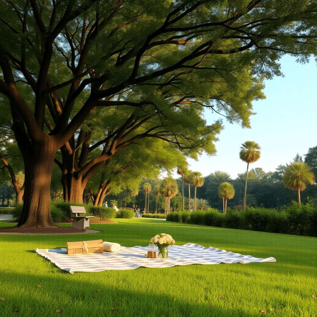 A cozy park in Hillsboro Pines, Florida, with lush greenery, a picnic setup on a blanket with flowers, evoking romance and a sense of community.