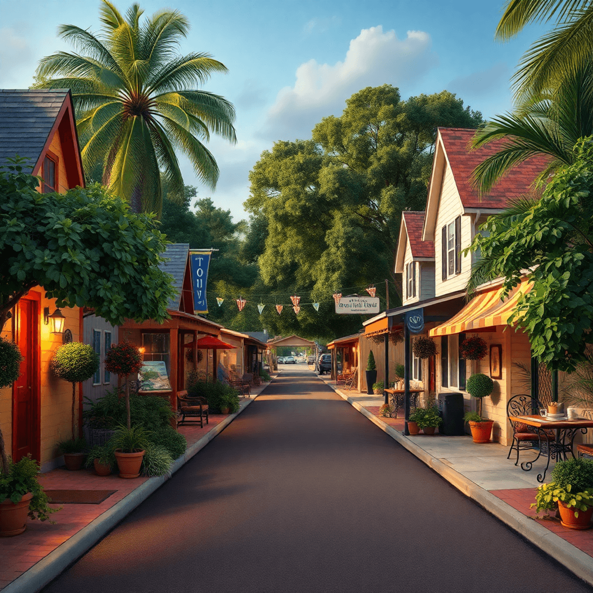 A quaint street in Pioneer, Florida, lined with cozy homes and greenery, adorned with colorful banners and food stalls, creating a warm, inviting c...