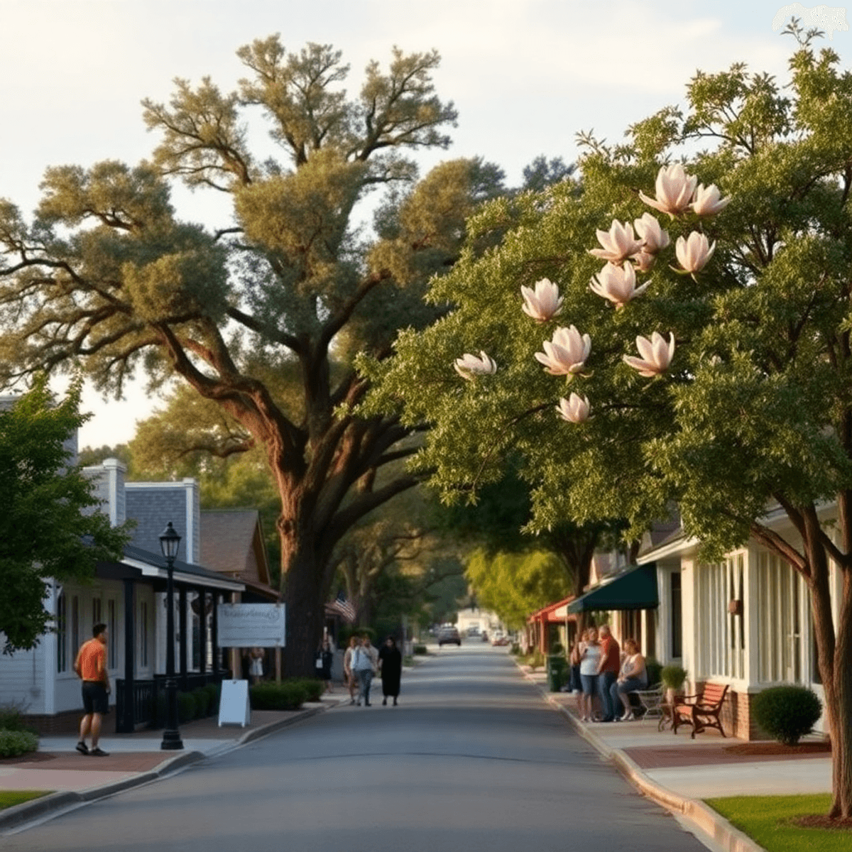 A peaceful small-town street in Penney Farms, Florida, lined with oak and magnolia trees, featuring community gatherings and soft, warm lighting.