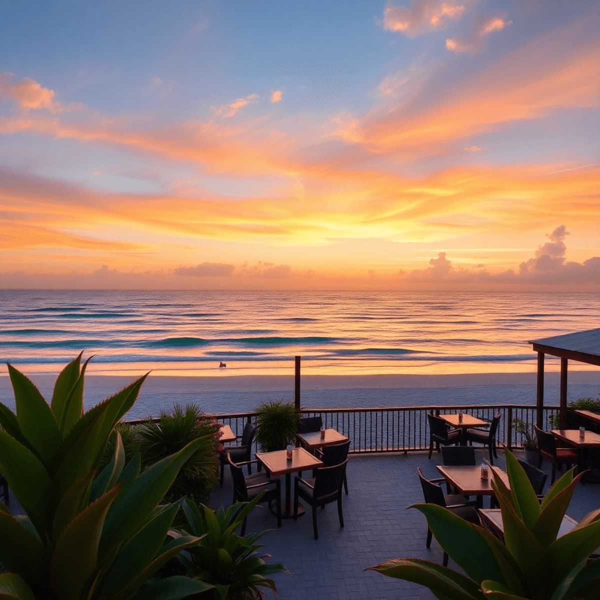 A romantic sunset over calm waters at Key Colony Beach, with sandy shores, a cozy beachfront restaurant, outdoor seating, and vibrant tropical plants.