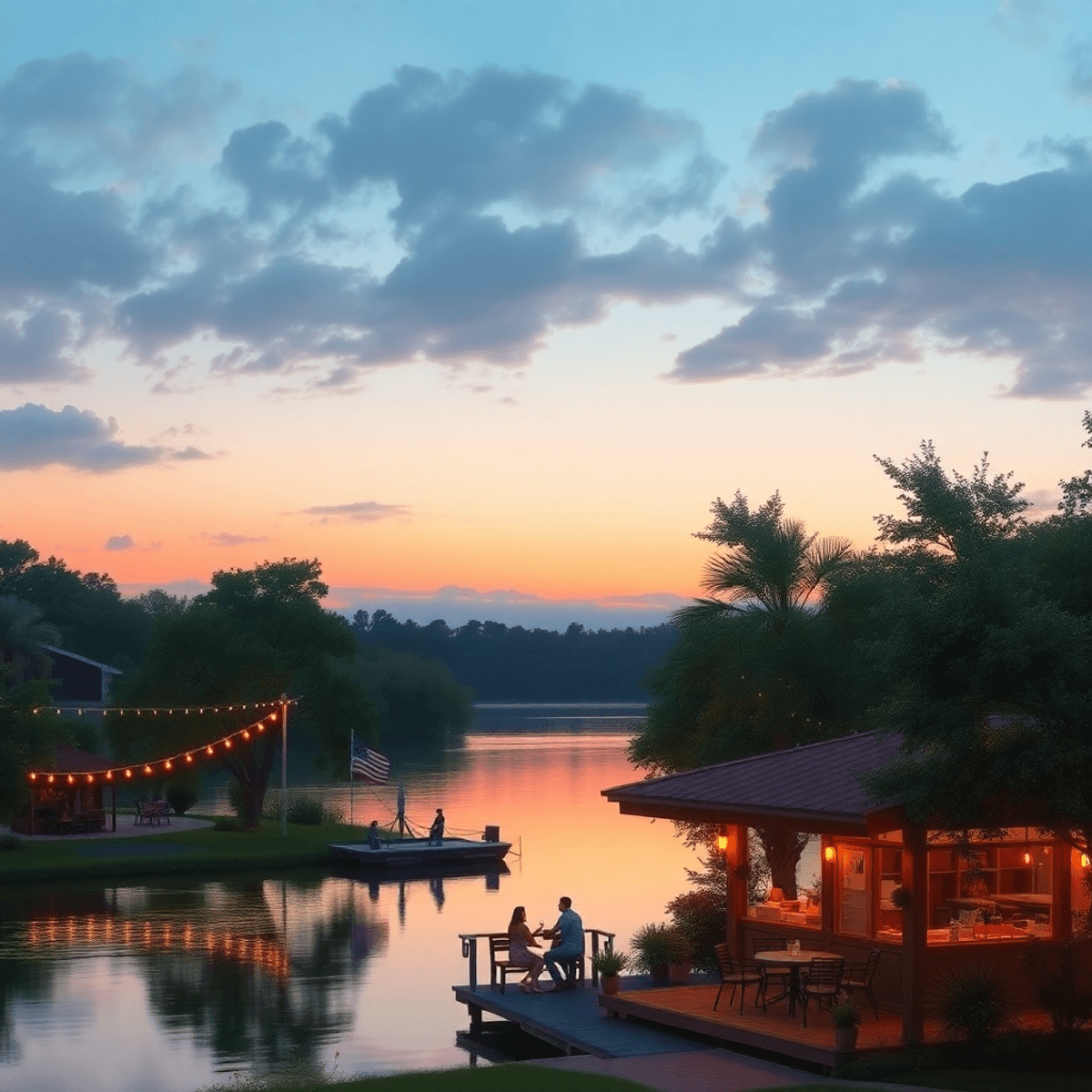 A tranquil lake at sunset with a cozy café nearby, a couple by the water's edge, and string lights illuminating a romantic atmosphere surrounded by...