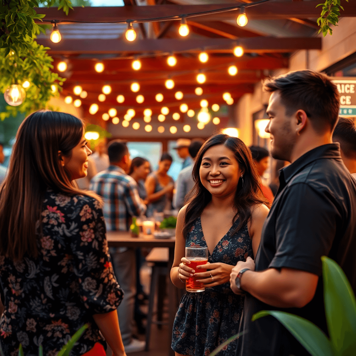 A cozy outdoor venue filled with string lights, featuring a woman and a man engaged in conversation amidst greenery, capturing a friendly community...