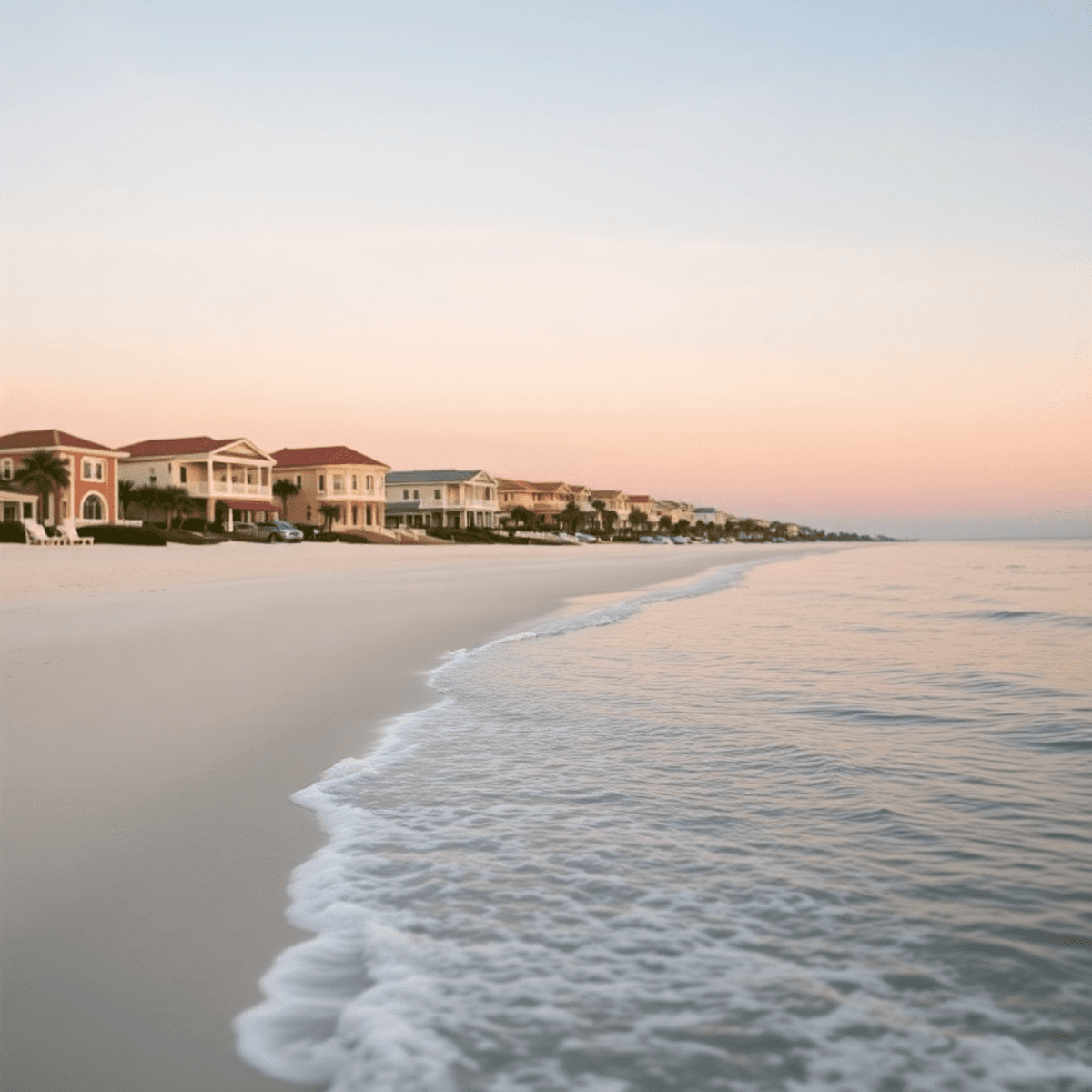 A tranquil beachfront at Golden Beach, Florida, with gentle waves, elegant homes in the background, and a pastel sunset sky, evoking romance and lu...