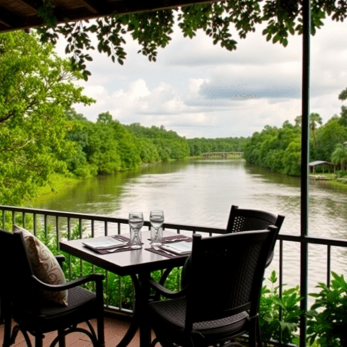 A serene view of the St. Johns River in Welaka, Florida, with lush greenery and a cozy outdoor dining setup for two, highlighting natural beauty an...