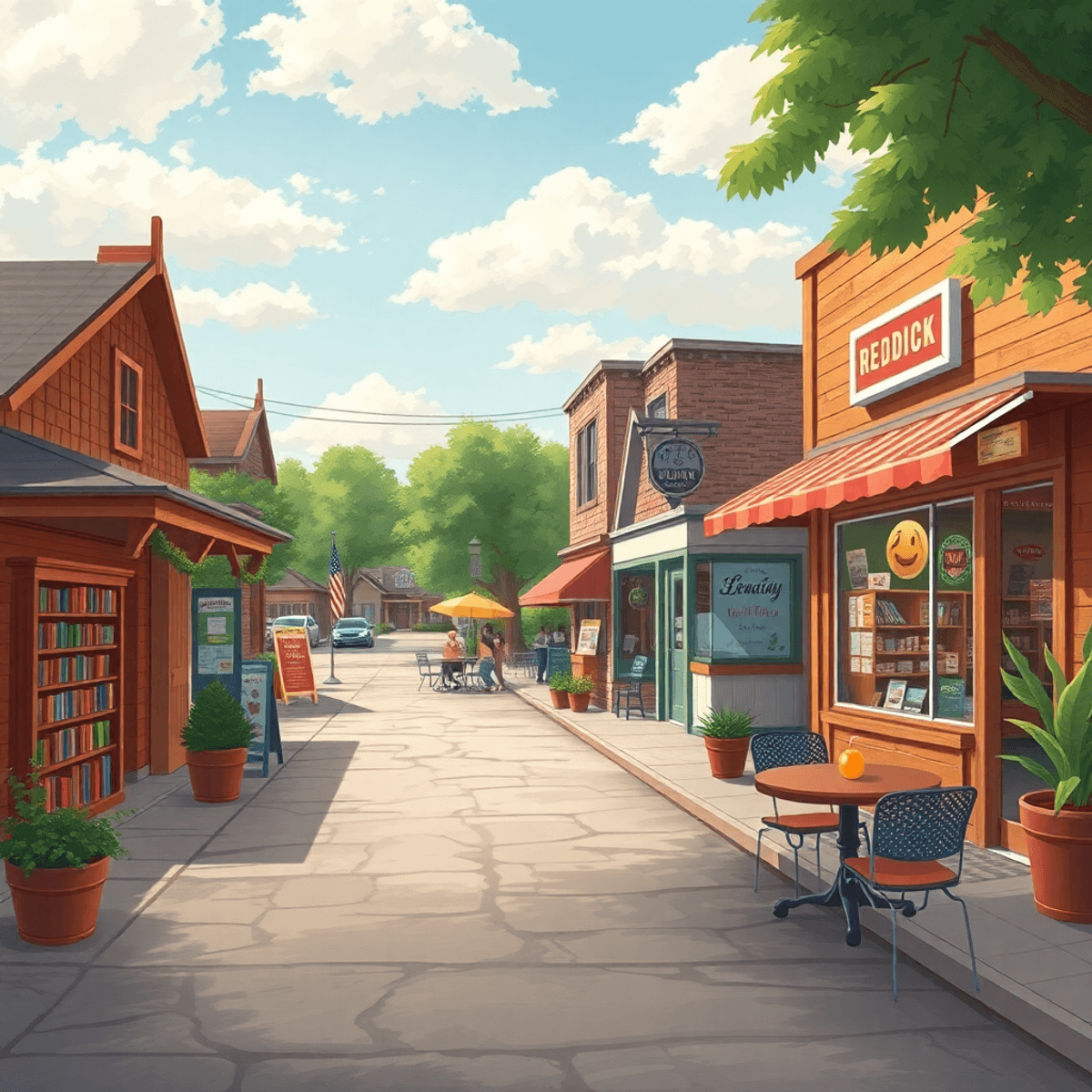 A cozy small-town scene in Reddick, Florida, showcasing a quaint library and a friendly convenience store, with hints of social gatherings and outd...