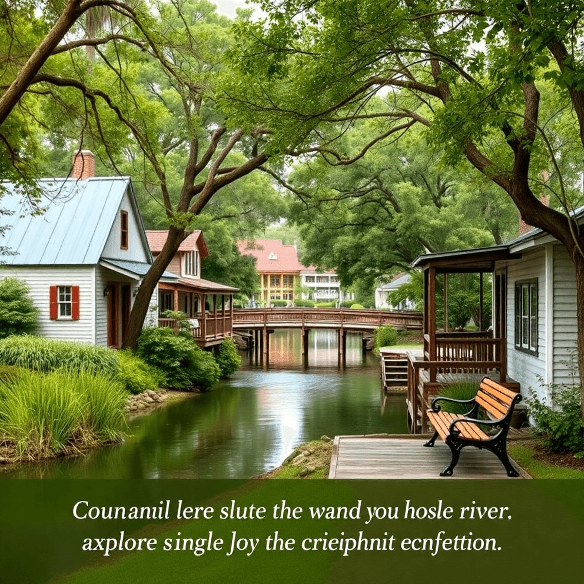A serene small town scene in Florida featuring the Chipola River, lush greenery, a cozy bench by the water, and a rustic wooden bridge, evoking war...