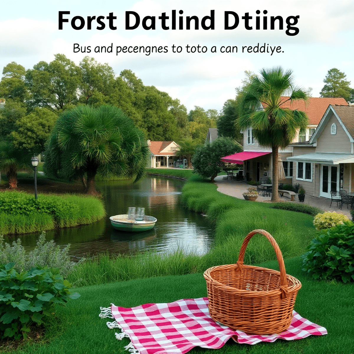 A charming small-town scene in Fort White, Florida, showcasing lush greenery, a serene river, a picnic blanket, and basket, with quaint shops and a...