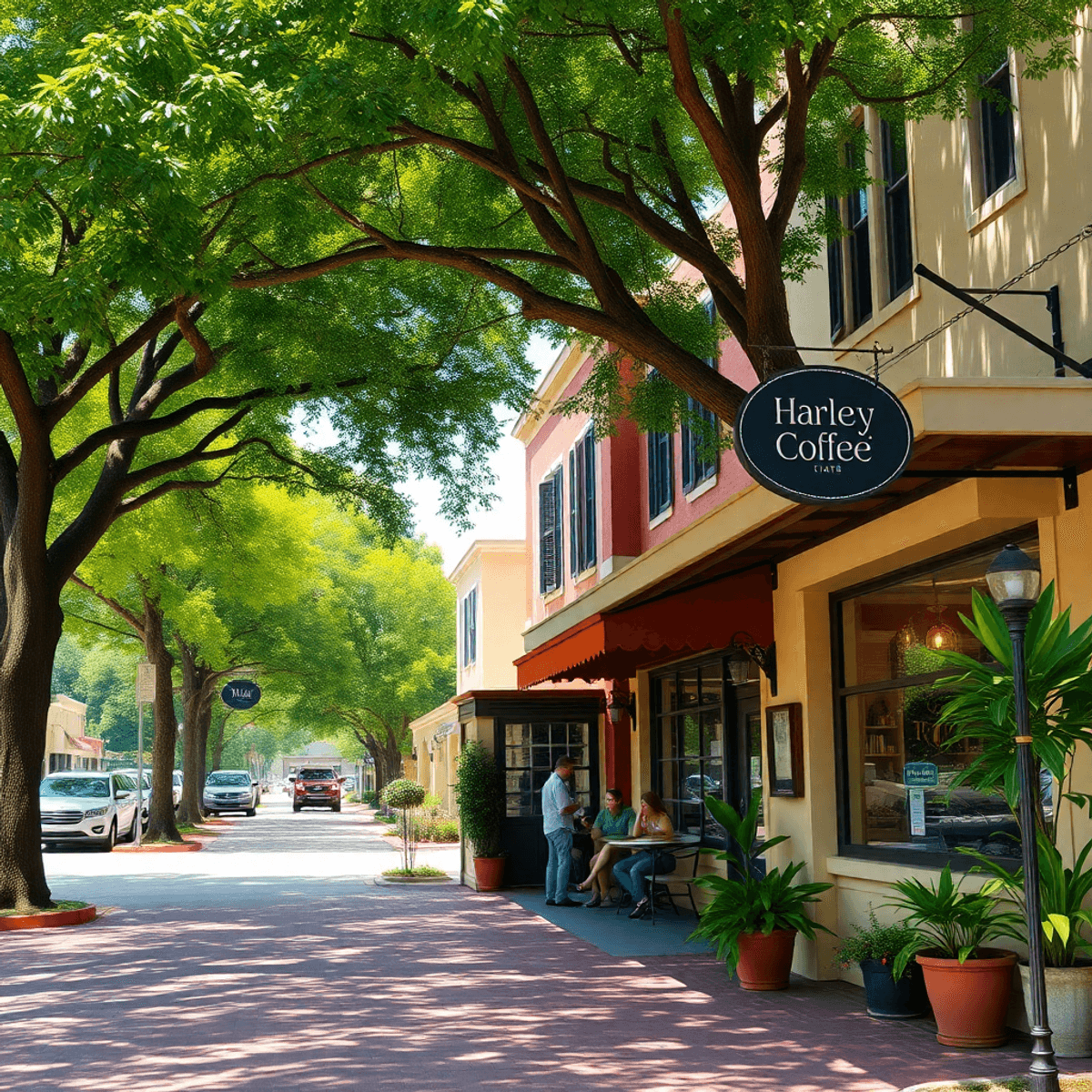 A sunny tree-lined street in Harlem Heights, Florida, featuring a cozy coffee house with people socializing outside amidst lush greenery, creating ...