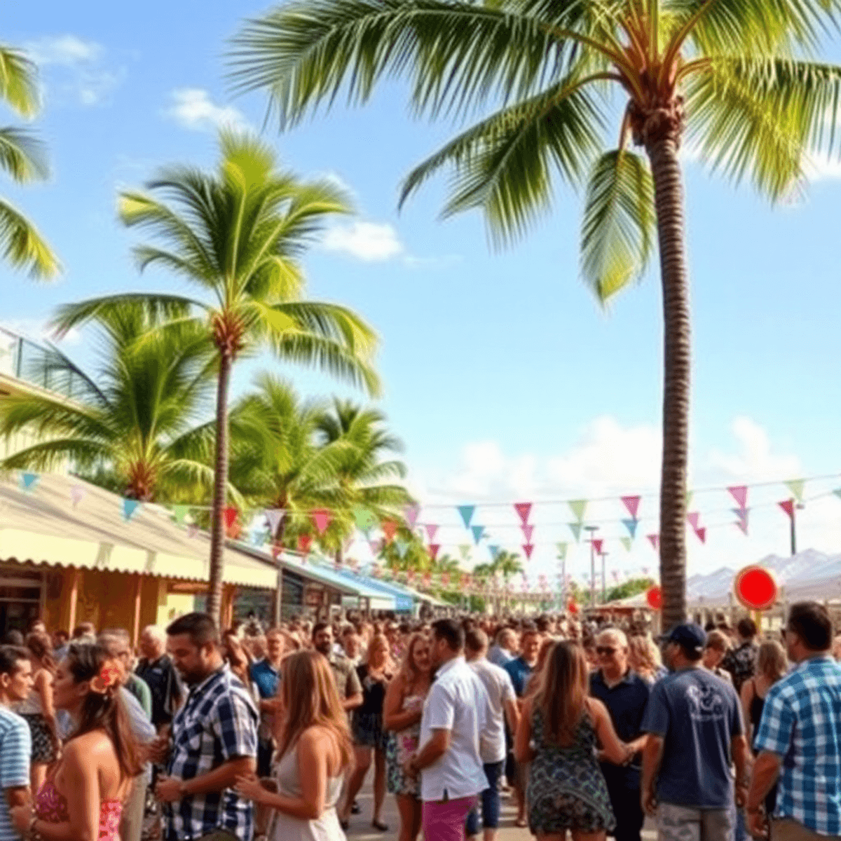 A lively outdoor community event in sunny Florida, featuring people mingling among palm trees and colorful decorations, embodying romance and conne...