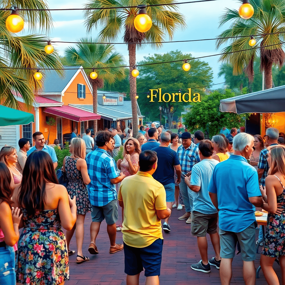 A lively outdoor social event in a small town, with singles dancing, conversing, and enjoying food at tables, surrounded by live music and a festiv...