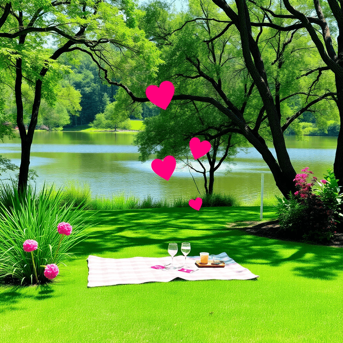 A vibrant outdoor scene in Silver Springs Shores East, Florida, showcasing lush greenery and a serene lake, with picnic setups and hearts symbolizi...