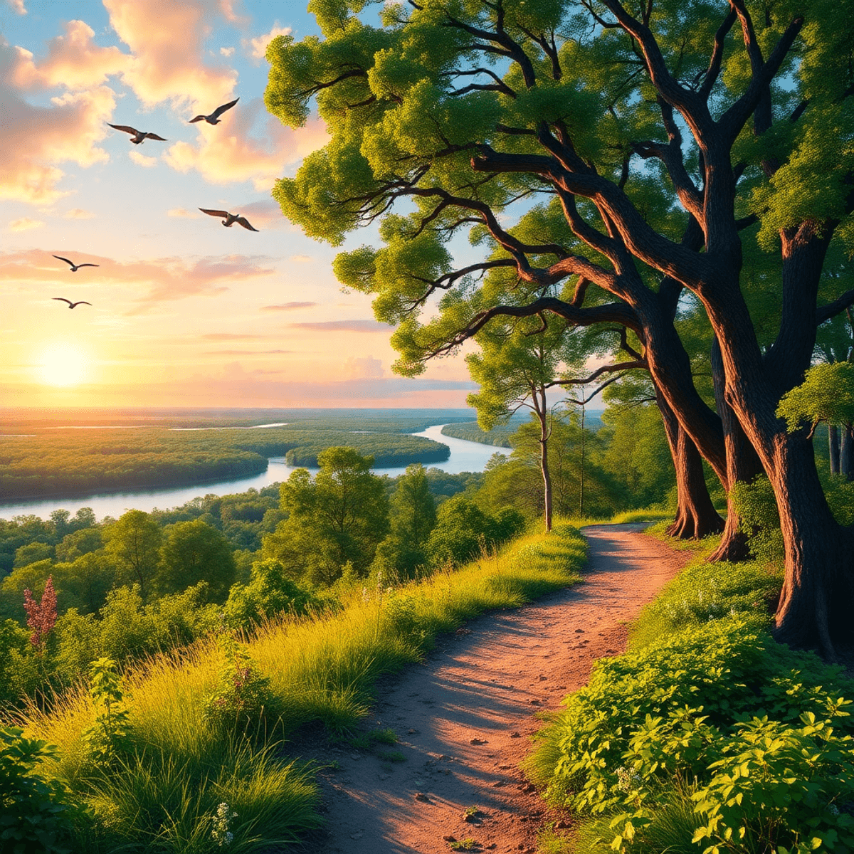 A scenic view of Torreya State Park with lush greenery, winding hiking trails, birds in flight, and the Apalachicola River under a romantic sunset ...
