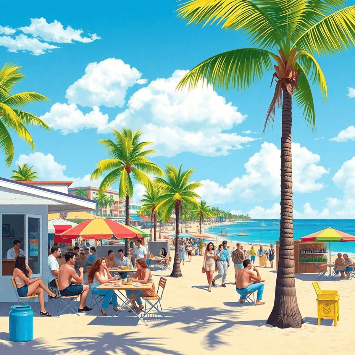 A sunny beach scene in Juno Ridge, Florida, featuring palm trees, beach umbrellas, locals socializing at a coffee shop, and colorful stalls at a fa...